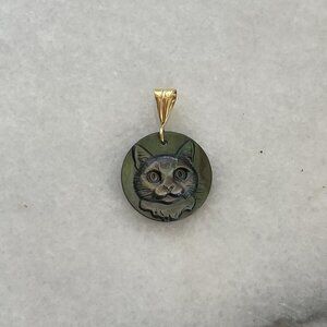 Solid 14K Yellow Gold Lucky Black Cat Mother of Pearl Cameo Charm Dainty Pendant